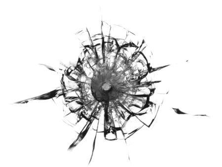 Cracked glass broken window on white background. Texture of broken windscreen.の写真素材