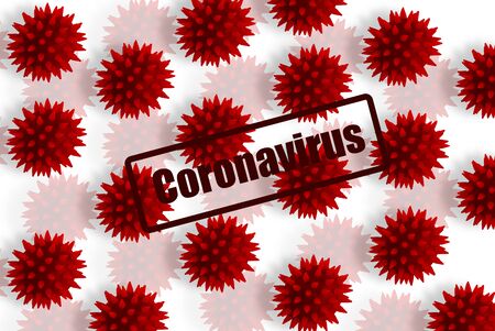 Red inscription coronavirus and viral cells photo illustration of covid-19 viruses on white background.の写真素材