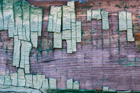 Background of peeled old green paint on a wooden surface, abstraction of old design.