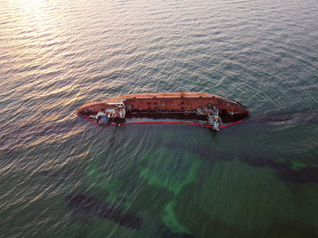 05.07.2020 Odessa, Ukraine. The sunken tanker Delfi was swept into the sea by a storm and sailed to...