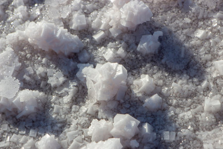 Salt crystals formed on the shores of the pink salt lake. Pink background with the texture of salt...