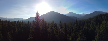 The sun rising from behind the mountains, a view of the top of the mountain which is followed by the...