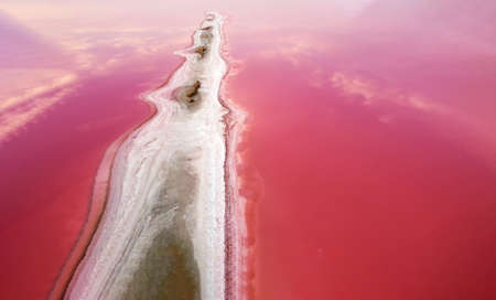 The background of the pink water of the pink lake and the elongated protrusion of the island formed of salt and sandの写真素材