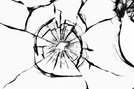 Cracked glass on a white background. Broken window. Bullet hole, abstraction for design.の写真素材