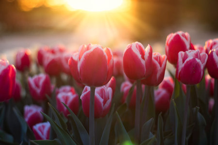 Beautiful tulips on the background of the evening sunの写真素材