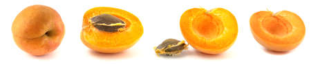 4 whole apricots and halves with stones isolated on white background close up. Set of four fruitsの写真素材