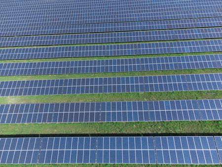 Solar panels top view. Background from the field of solar panels. Solar environmentally friendly...