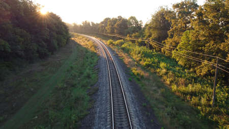 The morning sun shines from behind the branches. Railway tracks through forest and green natureの写真素材