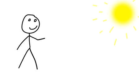 Cartoon man on a white piece of paper under the scorching yellow sun. Simple children's drawingの写真素材