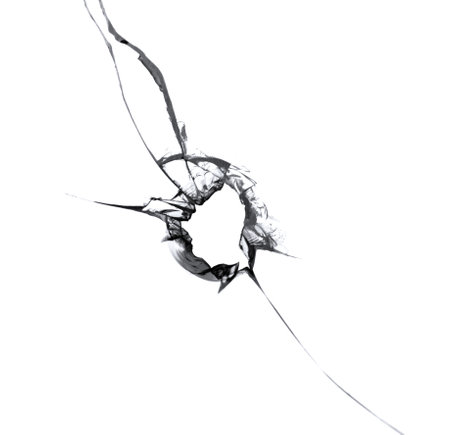 Texture of broken glass, hole in the window, cracks isolated on white background.の写真素材