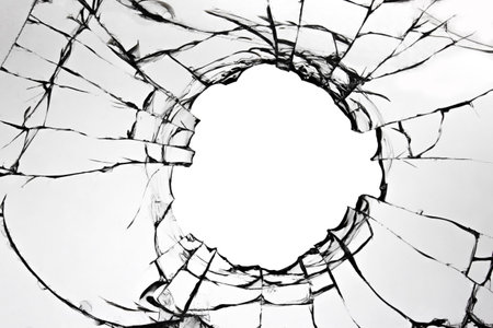Cracked broken glass on a white background. Damaged window texture with a holeの写真素材