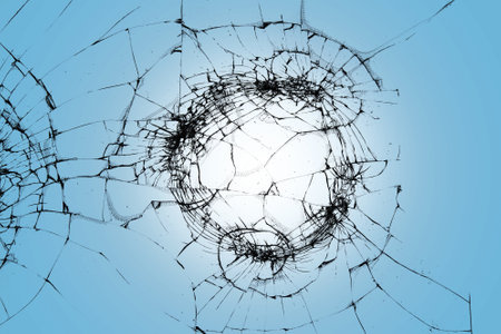 Cracks on smartphone screen, texture of broken protective glass on blue backgroundの写真素材