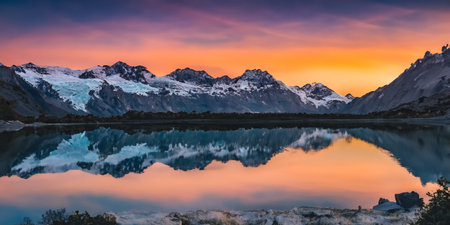 Snow-capped mountains with a bright orange sunset sky reflected in the lake at the foot of the mountains.の素材