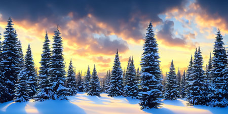 As the sun sets, the sky is a breathtaking canvas of warm hues in this snowy scene.の素材