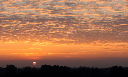 The orange light gradient creates a sense of hope and renewal in the morning airの素材