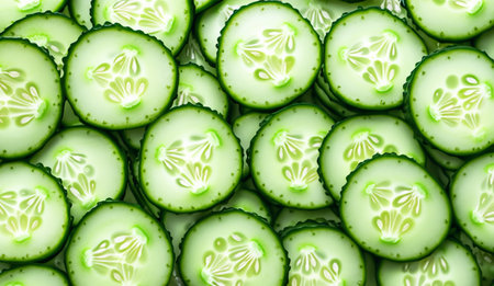 Green cucumber rounds arranged in perfect symmetryの素材