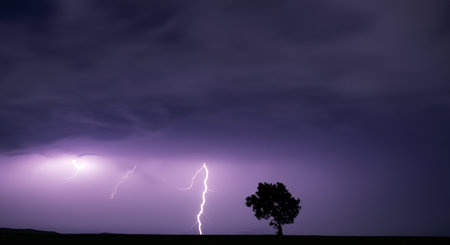 Lightning streaks across the heavens, briefly illuminating the surroundingsの素材