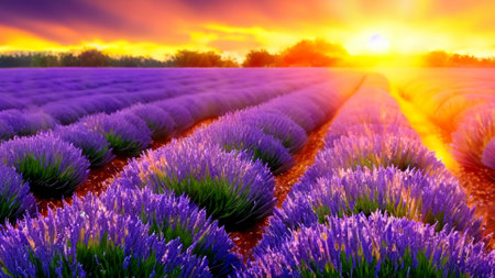 The sun's rays of the evening glow illuminate a blooming lavender fieldの素材