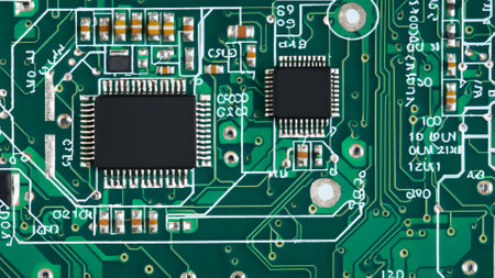 Cutting-edge technology: The microchip hums with power on the green boardの素材