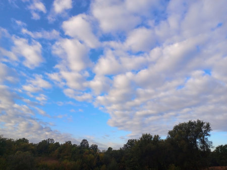 Blue sky with clouds and silhouettes of trees on the horizonの写真素材
