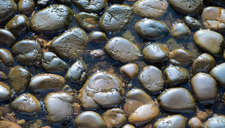 The texture of the wet stones of the river.の素材