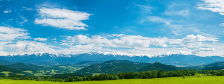 Panoramic view of idyllic mountain scenery in the Alps with fresh green meadows in bloom on a beautiful sunny day in springtimeの素材