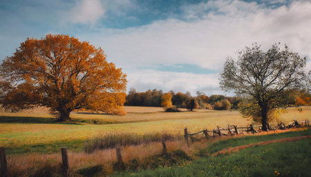 Calm autumn nature in the village on fields and pasturesの素材