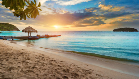 Enjoy a calming holiday with a serene beach and breathtaking sunset viewsの素材