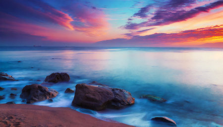 Gentle sea tones create a serene scene. Blurred waves on a long exposureの素材