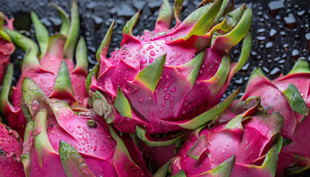 Close-up of many wet dragon fruits. Selective focusの素材