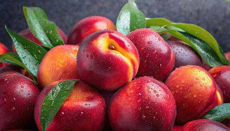 Close-up of many wet nectarines. Selective focusの素材