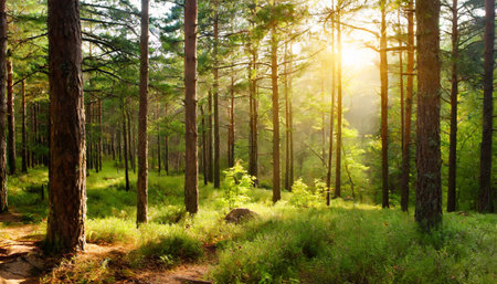 Green sunny forest. beautiful wild natureの素材