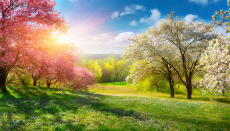 spring landscape with trees and sunny morning lightsの素材