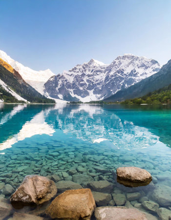 A lake between beautiful snow-capped mountainsの素材