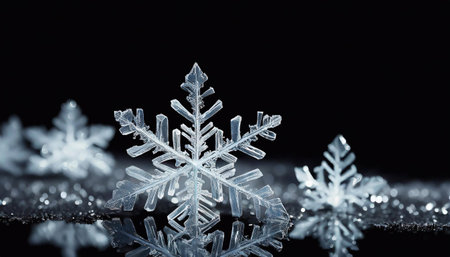 Crystal snowflake close-up on black backgroundの素材