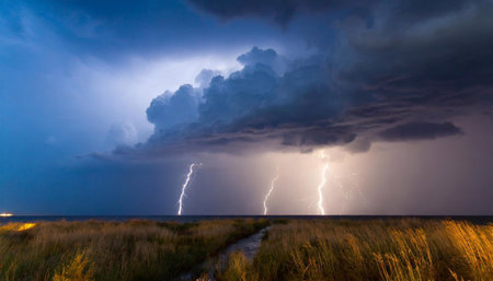 Night summer thunderstorm over the fieldsの素材