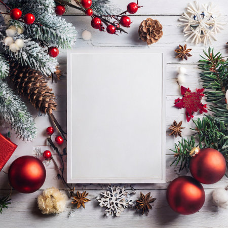 Christmas greeting card mockup. Top view with copy space. New Year composition.の素材