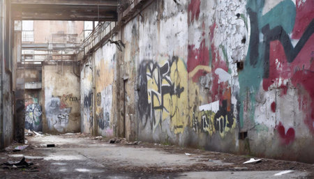 wide angle view of an old factory building with graffiti on the walls.の素材
