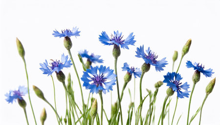Blue cornflowers isolated on white background. Shallow dof.の素材