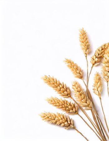 Wheat spikelets on white background. Flat lay, top view.の素材
