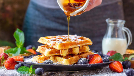 Freshly baked Belgian waffles with berries and honey, selective focusの素材