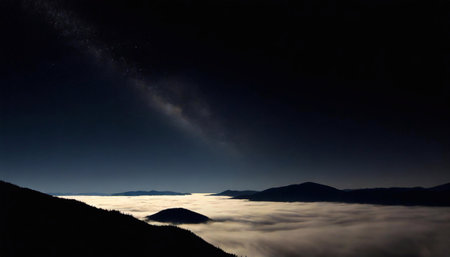 Fog in the mountains at night with starry sky and moon.の素材