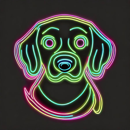 Silhouette of a dog with neon lines on a black background. 2d logo, emblemの素材