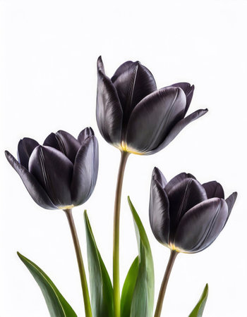 Black tulips on a white background. Flowers isolated, studio photoの素材