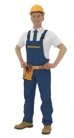 Male construction worker, 3D illustration of a worker on a white backgroundの素材