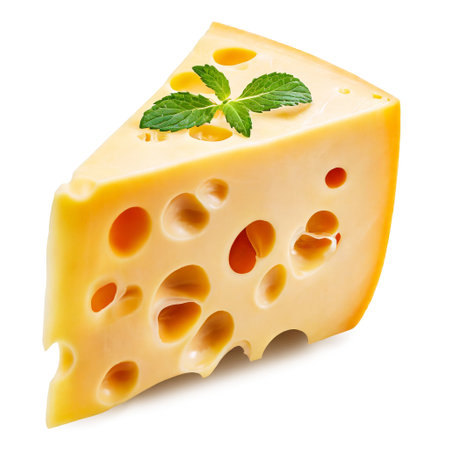 A piece of cheese with holes and mint leaves on a white backgroundの素材