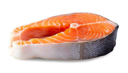 Salmon steak close-up isolated on white backgroundの素材
