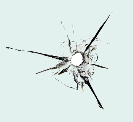 A bullet hole in the window glass. Texture of cracks on the window