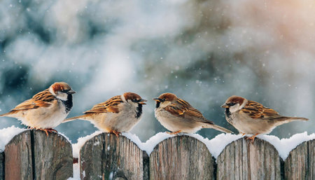 Sparrows on the fence in winter close-up.の素材