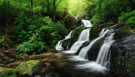 Serene scene of a multi-tiered waterfall cascading through vibrant green woodlandの素材